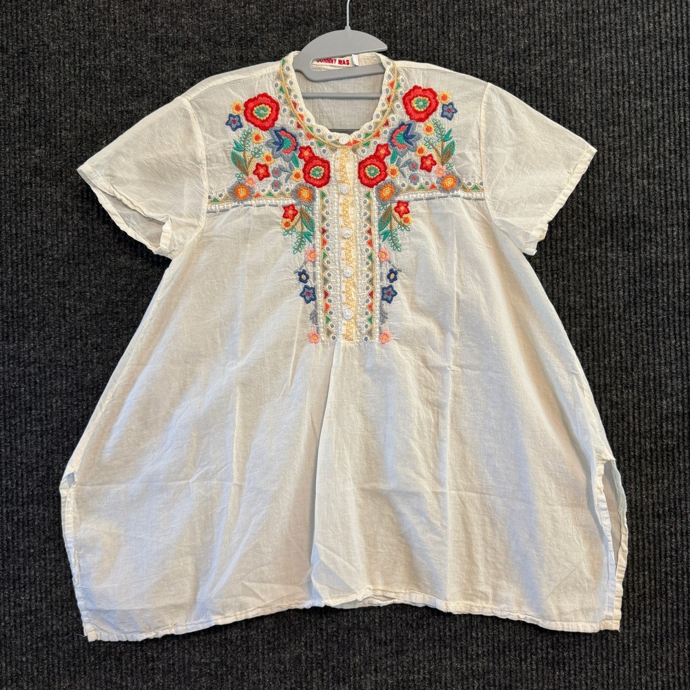 Johnny Was White Embroidered Floral Cotton Tunic Top XS